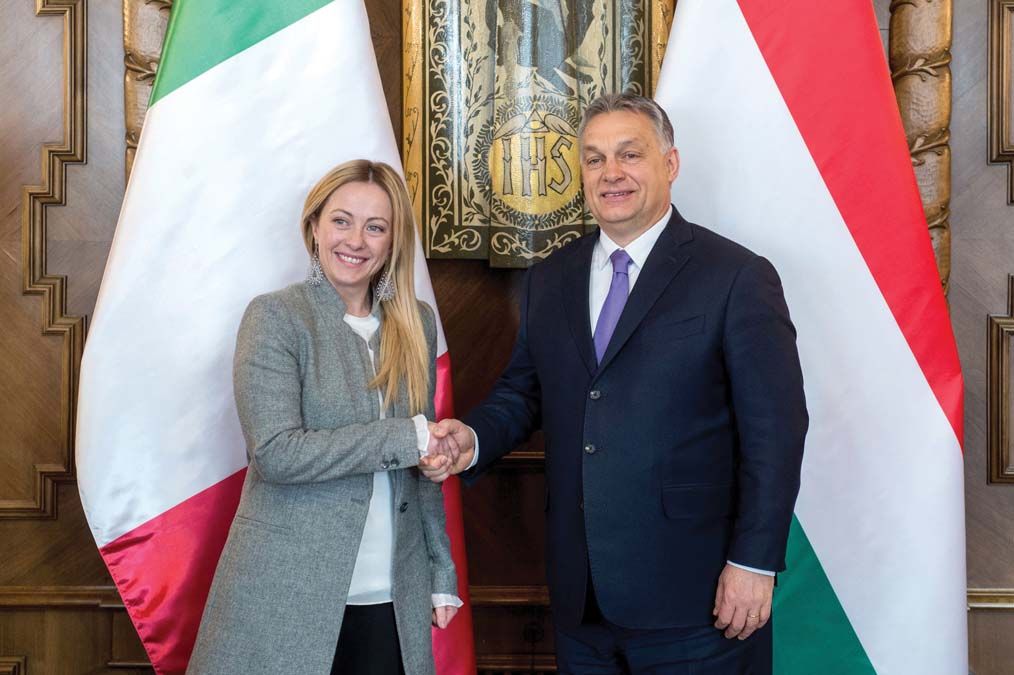 Orbán Viktor miniszterelnök fogadja Giorgia Melonit az Országházban 2018. február 28-án <br> Fotó: MTI / Miniszterelnöki Sajtóiroda / Botár Gergely