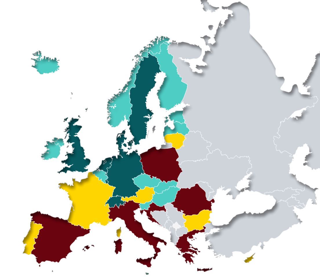 A magas tudásintenzitási szektorokban dolgozók aránya Európában (sötétzöld: >8,1%, világoszöld: 6,2-8,1%, sárga: 4,8-6,2%, bordó: 3,6-4,8%, grafika: ECEPR)