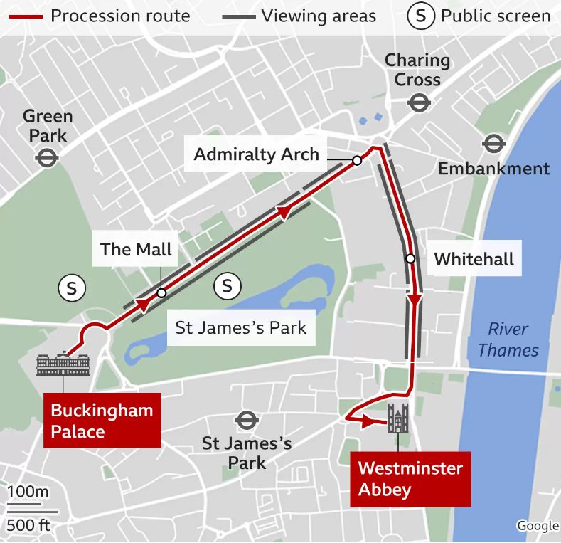 A királyi felvonulás útvonala. Forrás: BBC News