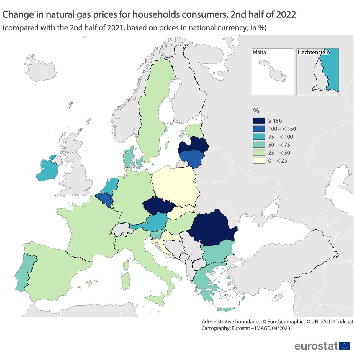 A gáz fogyasztói árának változása országonként 2022 második felében. Forrás: Eurostat