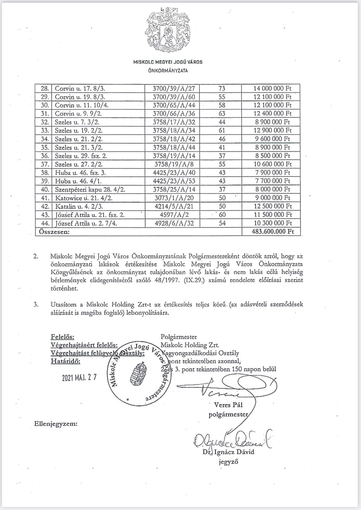 A miskolci önkormányzat határozatának 2/2. oldala