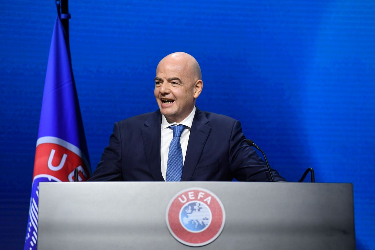 Gianni Infantino, a Nemzetközi Labdarúgó-szövetség, a FIFA elnöke felszólal az Európai Labdarúgó-szövetség, az UEFA 45. kongresszusán a svájci Montreux-ben 2021. április 20-án. MTI/EPA/UEFA/Richard Juilliart