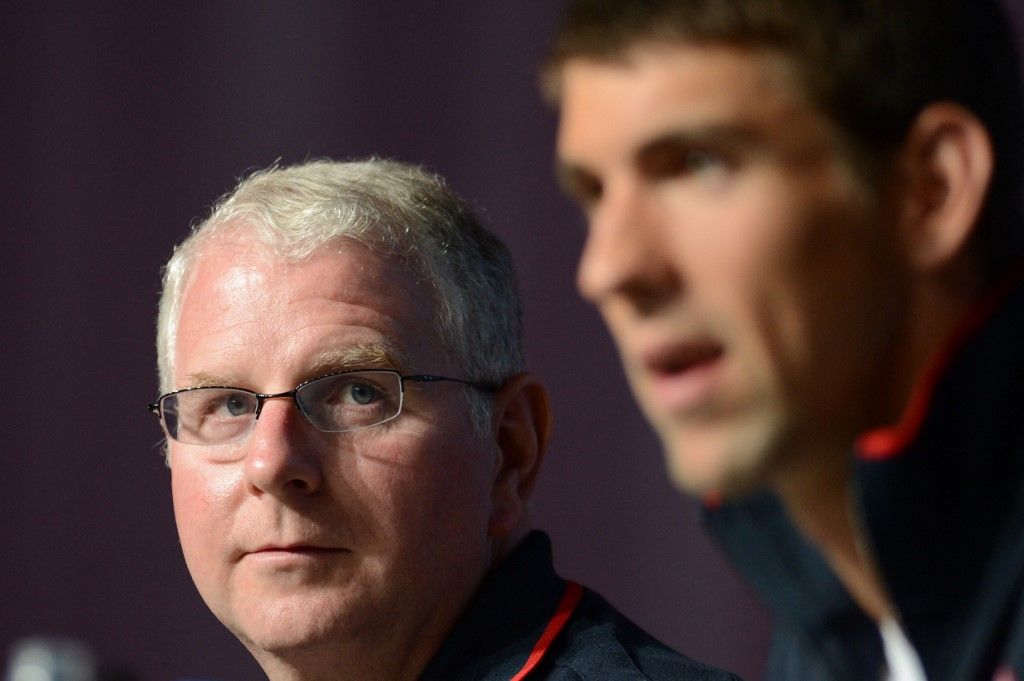 A képen: Bob Bowman edző és Michael Phelps. Fotó: MARTIN BUREAU / AFP