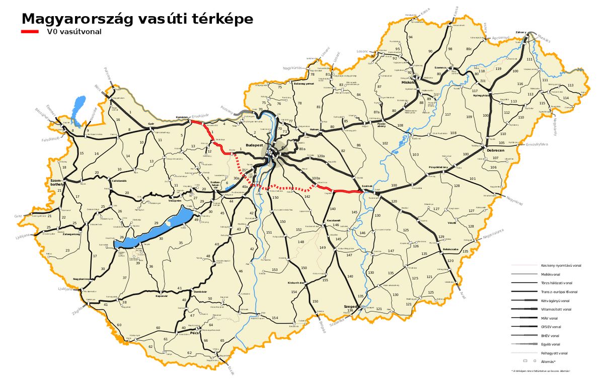 A tervezett V0 vasútvonal térképe (forrás: Wikipedia)