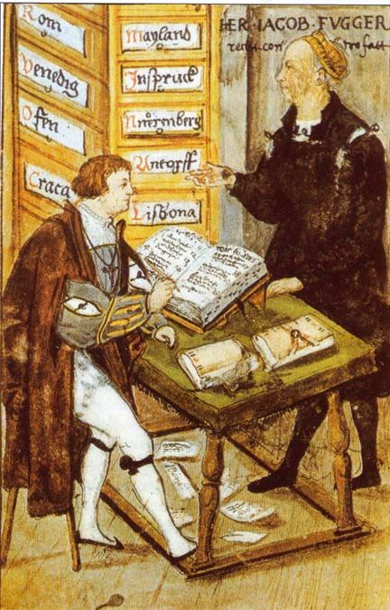 Narziß Renner: Jakob Fugger német bankár és főkönyvelője, Matthäus Schwarz az augsburgi  Aranyirodában (1517). <br> Fotó: Wikipédia