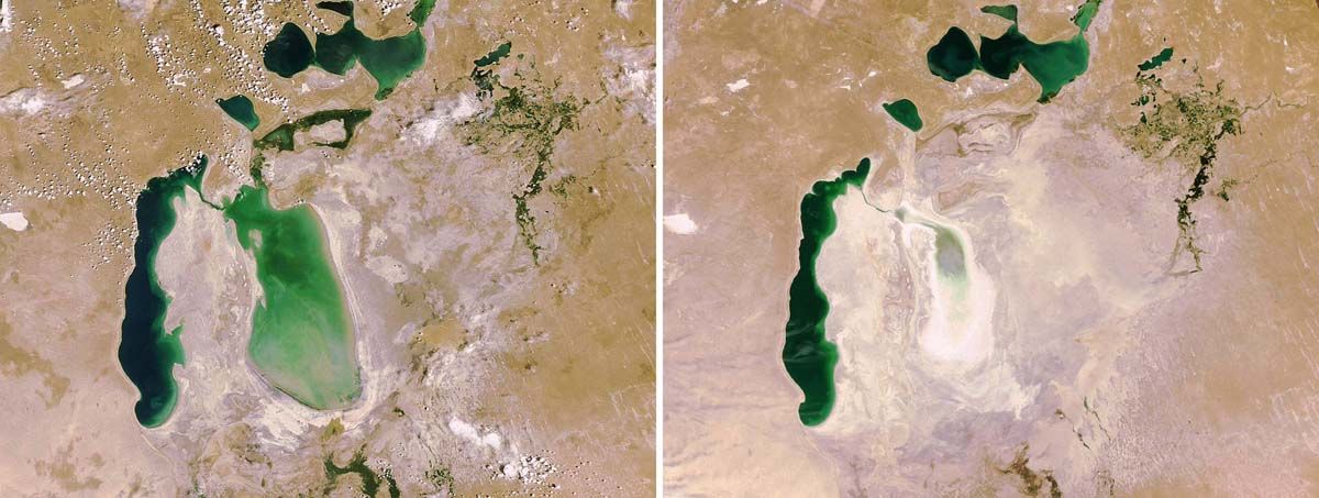 Műholdképek az Aral-tó 2006 és 2009 közötti drámai kiszáradásáról <br> Fotó: AFP / HO / ESA  