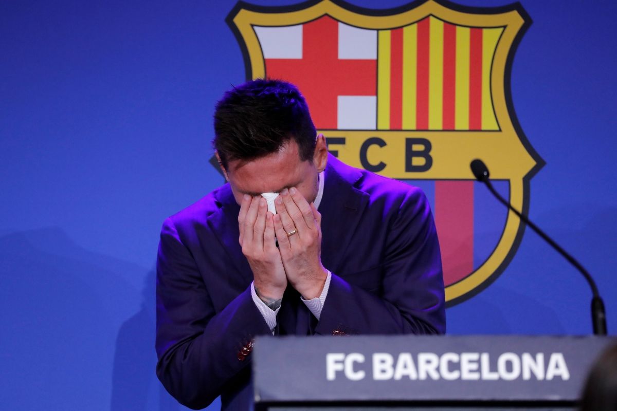 Messi búcsúja Barcelonától 2021-ben (kép: MTI/EPA/EFE/Andreu Dalmau)