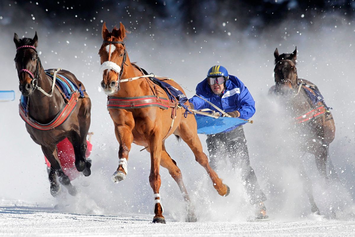 Síjöring a St. Moritz-tó jegén 2012. február 5-én. Bemutató sportágként szerepelt az 1928-as olimpián. Fotó: MTI/EPA/Arno Balzarini
