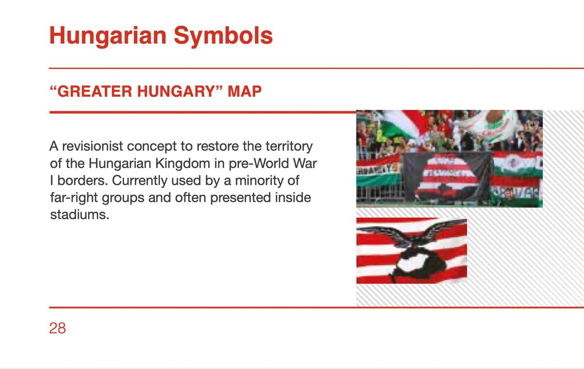 A képen: A Fare által felsorolt tiltott jelképek listáján szereplő Nagy-Magyarország szimbólum. Fotó: Képernyőfotó a FARE katalógusból