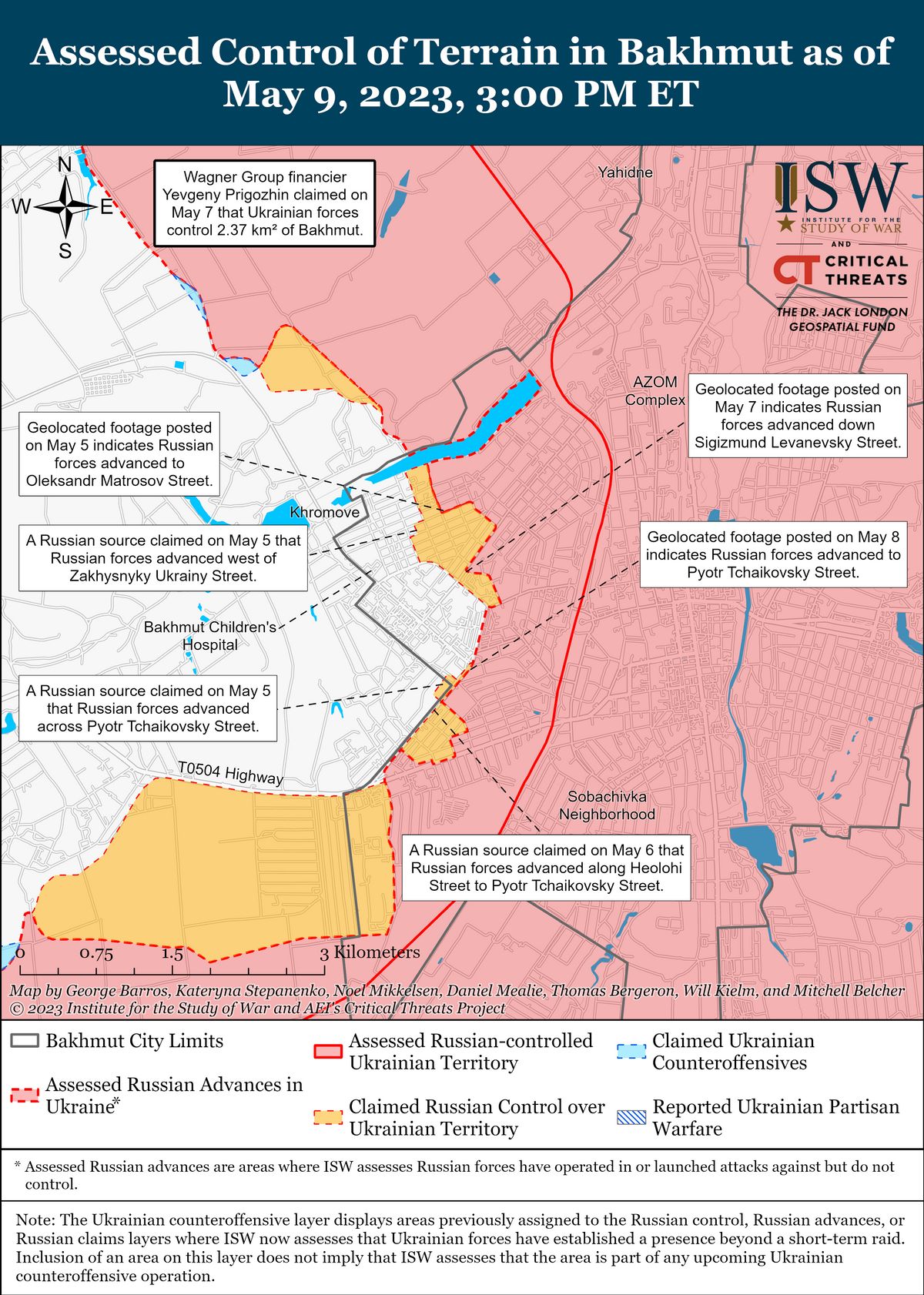 Ukrán és orosz ellenőrzésű területek Bahmutban május 9-én   (forrás: Institute for the Study of War)