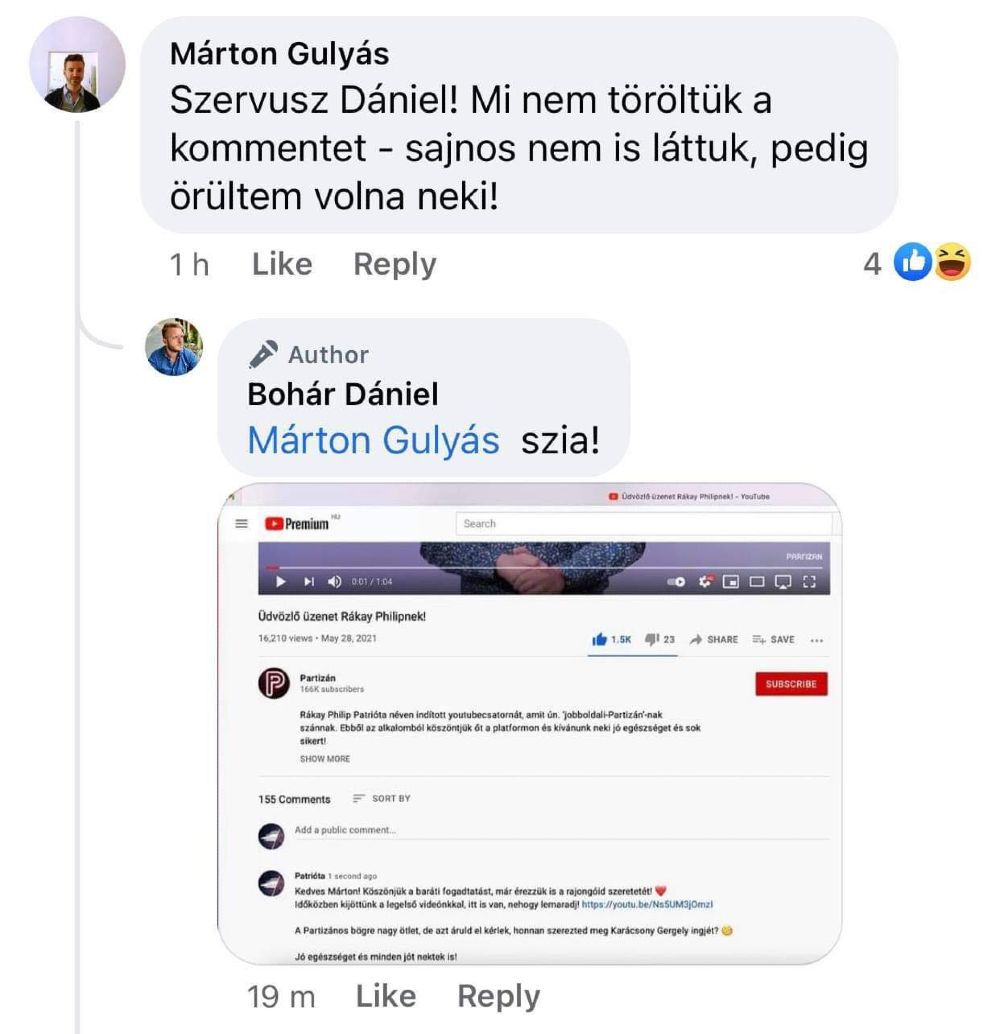 Bohár Dániel azonban képernyőképpel bizonyította: Rákay valóban kommentelt Gulyás videója alatt<br>Fotó: Facebook