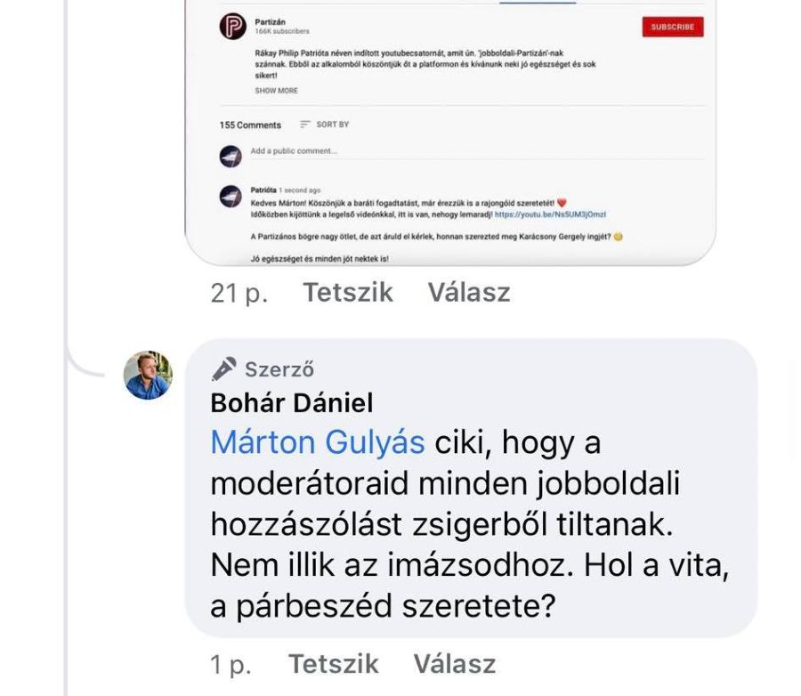 Bohár Dániel válasza Gulyás Mártonnak<br>Fotó: Facebook