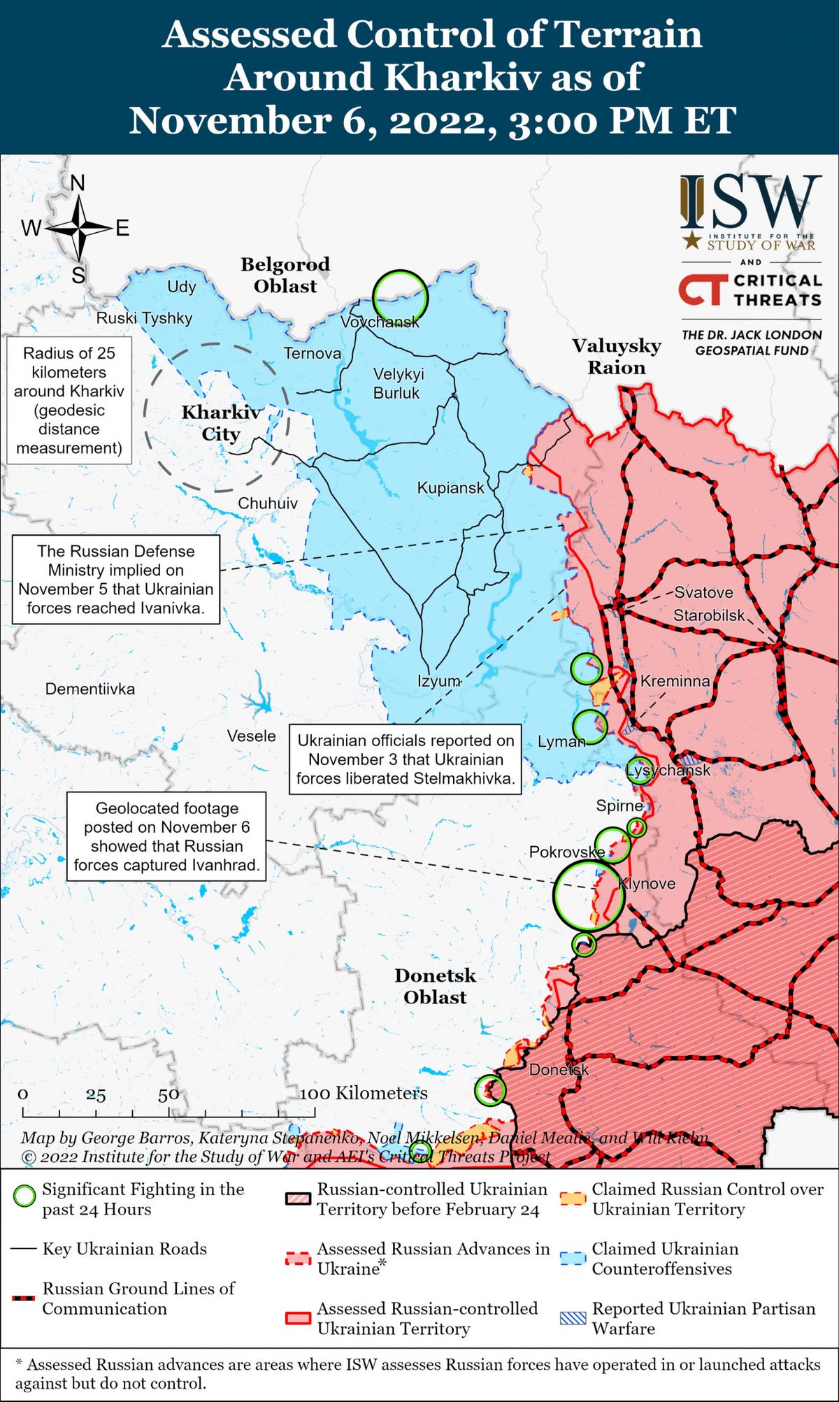 Mutatjuk az ISW térképét a kelet-ukrajnai front tavaly novemberi helyzetéről. A zöld körök a legsúlyosabb harcok helyszíneit jelölik. A kék színnel jelzett területek az ukránok, míg a piros színnel jelzettek az oroszok által ellenőrzött területek. Fotó forrása: Twitter/ISW