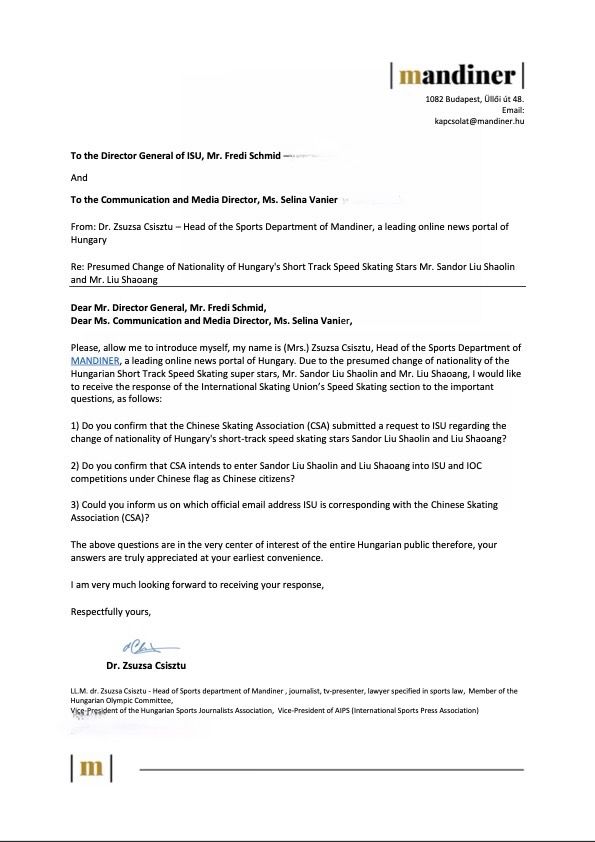 A képen: A Nemzetközi Korcsolya Szövetség (ISU) számára elkpökdött hivatalos levél, amelyre szintén nem jött érdemi válasz a Liu-fivérek ügyét illetően.