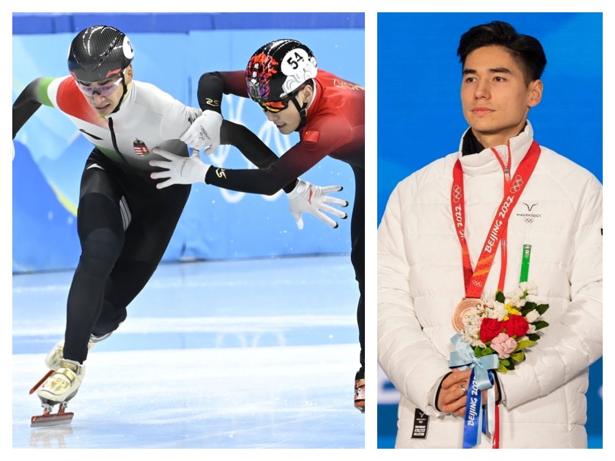 A montázskép baloldalán: Liu Shaolin Sándor (balra) és a későbbi győztes kínai Zsen Ce-vej a célban a férfi rövid pályás gyorskorcsolyázók 1000 méteres versenyének döntőjében a Fővárosi Fedett Stadionban a pekingi téli olimpián 2022. február 7-én. Liu Shaolin ugyan elsőként haladt át a célvonalon a döntőben, azaz a videózás percei alatt olimpiai bajnoknak érezhette magát, de végül a zsűri két esetben is szabálytalannak látta, sárga lapos büntetéssel zárták ki, azaz a teljes mezőny végére sorolták. MTI/Kovács Tamás és a jobboldalon: A Magyar Olimpiai Bizottság által közreadott képen a bronzérmes Liu Shaoang a férfi rövidpályás gyorskorcsolyázók 1000 méteres versenyének eredményhirdetésén a Fővárosi Fedett Stadionban a pekingi téli olimpián 2022. február 8-án. MTI/MOB/Molnár Ádám