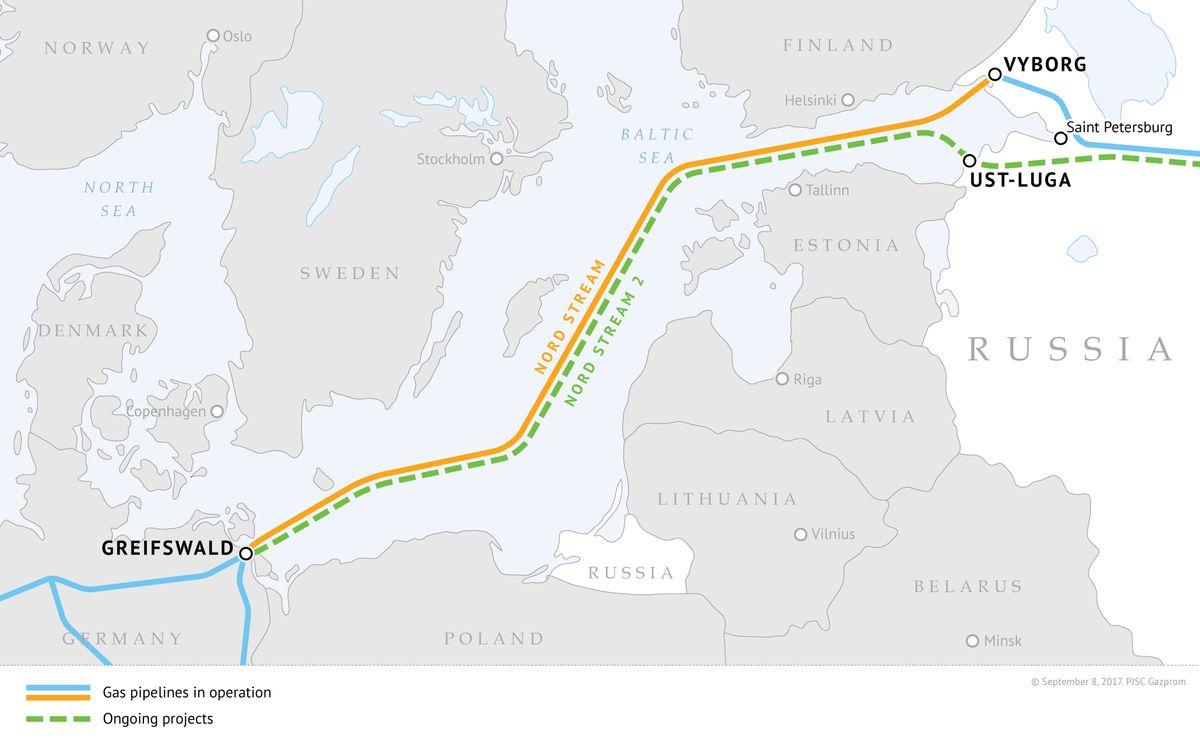 Az Északi Áramlat és az Északi Áramlat 2 gázvezetékek útvonala. (Grafika: Gazprom)
