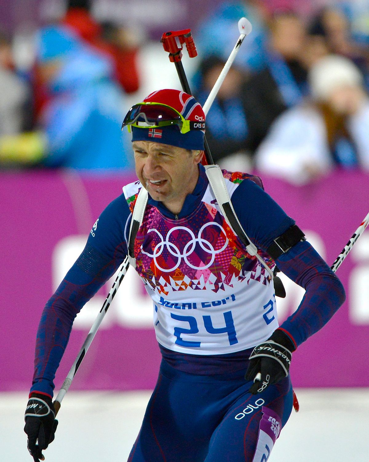 A győztes norvég Ole Einar Björndalen a biatlonosok férfi 10 kilométeres sprintszámában Szocsiban, 2014-ben. Tőle több aranyérmet senki nem nyert téli olimpián. MTI Fotó: Illyés Tibor