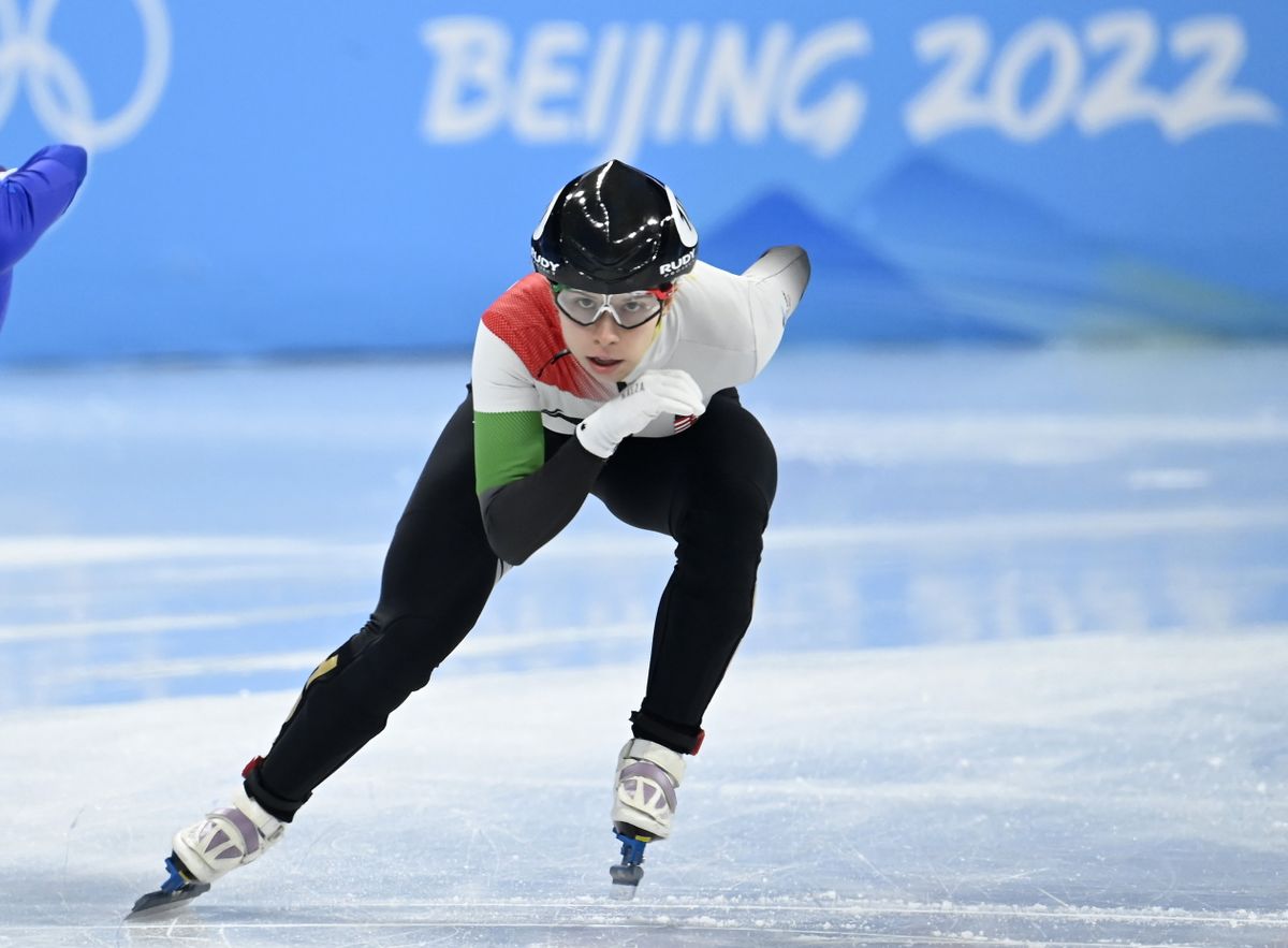 Jászapáti Petra országos csúcsot futott a női rövid pályás gyorskorcsolyázók 1000 méteres versenyének előfutamában a Fővárosi Fedett Stadionban a pekingi téli olimpián 2022. február 9-én. MTI/Kovács Tamás