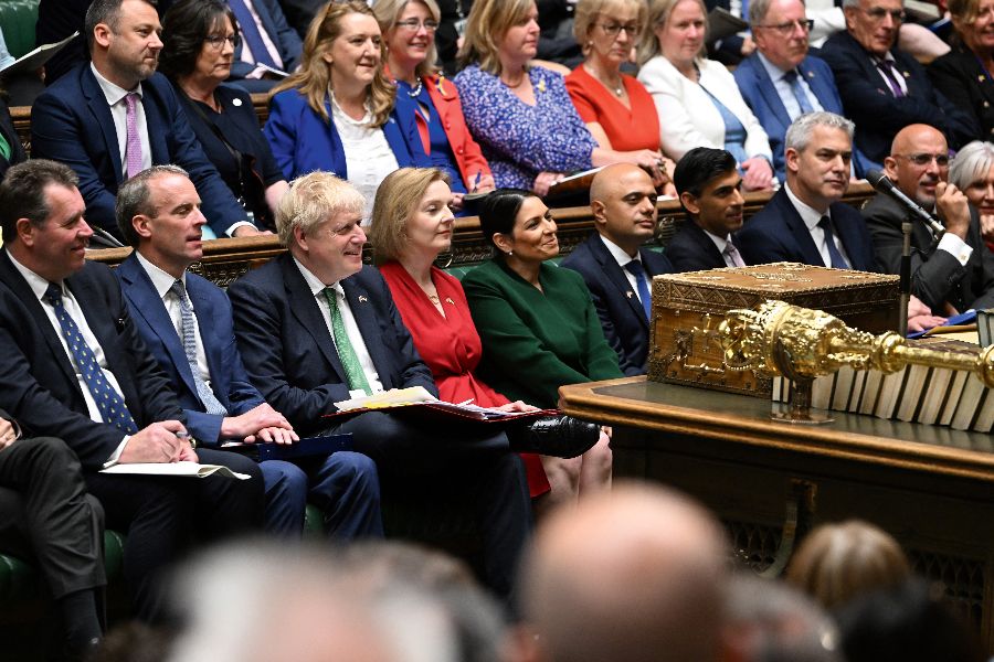 Mellette az utóda? Johnsontól jobbra Liz Truss, Priti Patel, Sajid Javid és Rishi Sunak, a konzervatívok új nagyágyúi <br> FOTÓ: AFP / JESSICA TAYLOR / UK PARLIAMENT, NIKLAS HALLE’N