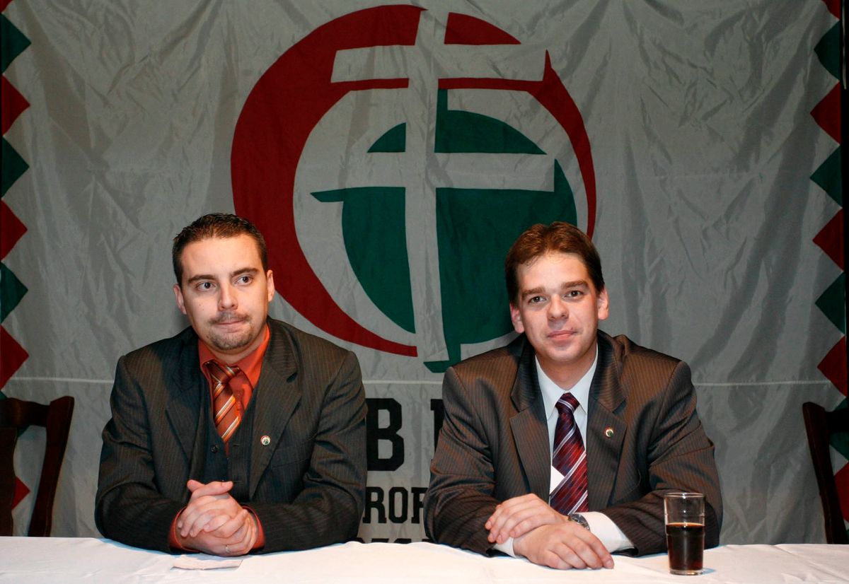 Vona Gábor a Jobbik új elnöke és Jónás Levente kommunikációs igazgató a 2006-os tisztújítás után (Fotó.MTI/Füzesi Ferenc