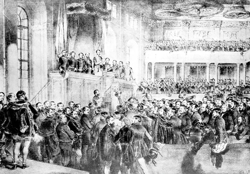 Az 1848-as országgyűlés megnyitása. Metszet.<br>Fotó:MTI / Reprodukció