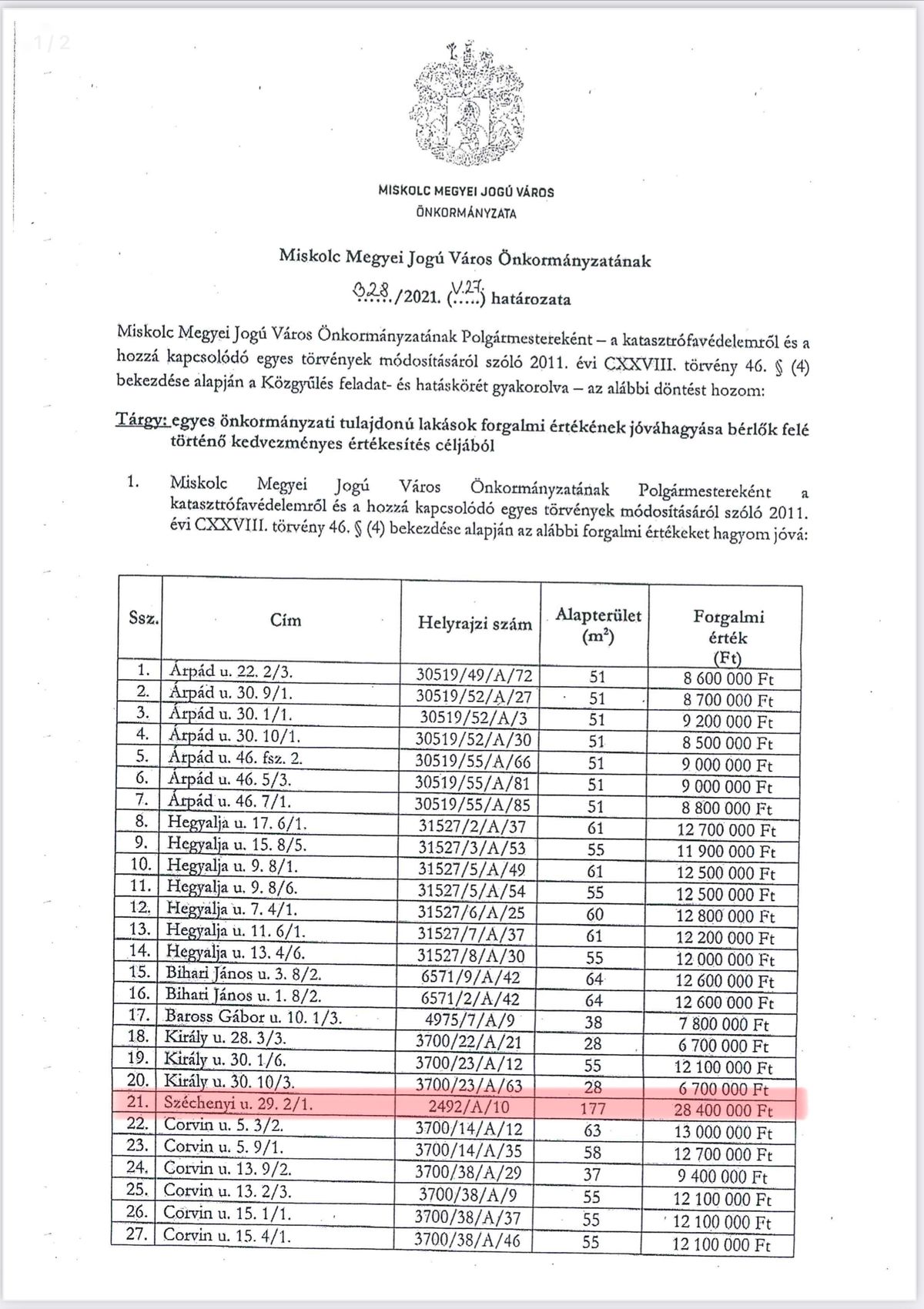 A miskolci önkormányzat határozatának 2/1. oldala