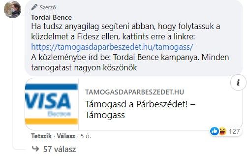 Tordai bejegyzése és kommentje.<br>Fotó: Facebook