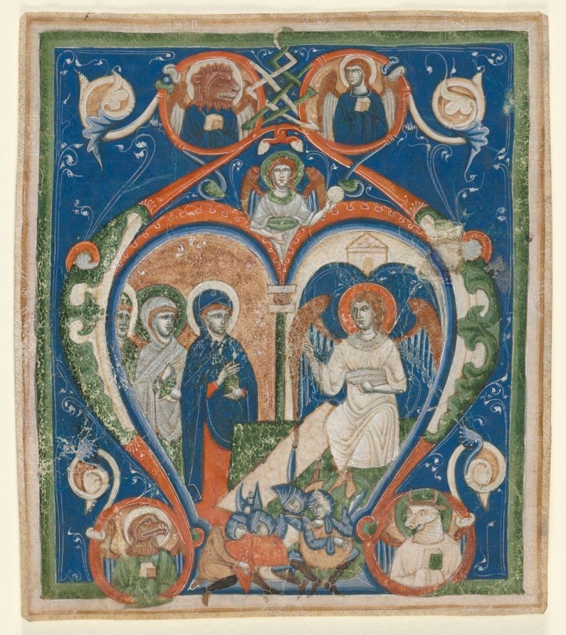 Iniciálé egy antifónából, A[ngelus Domini descendit de celo], A három Mária a sírnál, 1280–1300