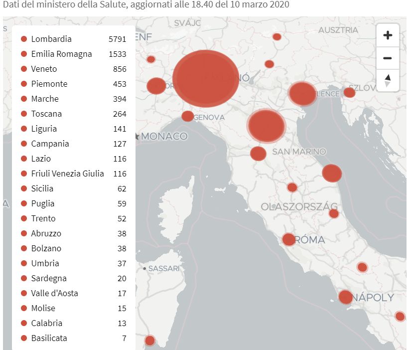 A fertőzöttek száma régiónként.<br>Forrás: repubblica.it