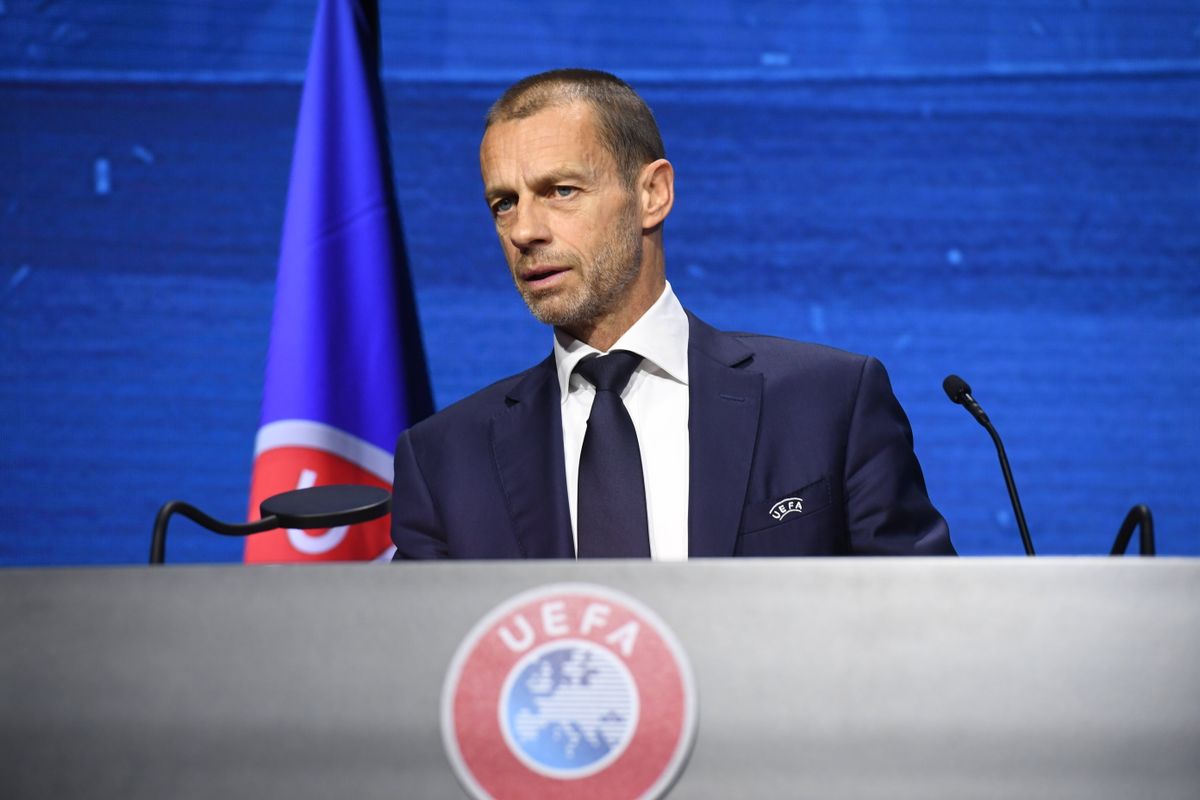 Aleksander Ceferin, az Európai Labdarúgó-szövetség, az UEFA elnöke felszólal az UEFA 45. kongresszusán a svájci Montreux-ben 2021. április 20-án. MTI/EPA/UEFA/Richard Juilliart