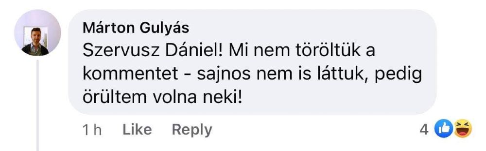 Gulyás Márton kommentje Bohár Dániel bejegyzése alatt.<br>Fotó: Facebook