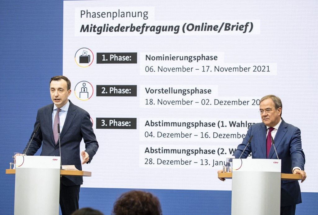 Ez a jövő? Paul Ziemiak és Armin Laschet ismerteti a CDU levélszavazásának menetét. Fotó: Emmanuele Contini / NurPhoto / NurPhoto via AFP
