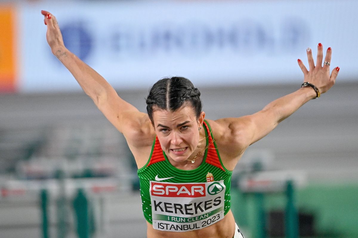 A képen: A későbbi hetedik helyezett Kerekes Gréta a női 60 méteres gátfutás döntőjében az isztambuli fedett pályás atlétikai Európa-bajnokságon az Ataköy Arénában 2023. március 5-én. MTI/Czeglédi Zsolt