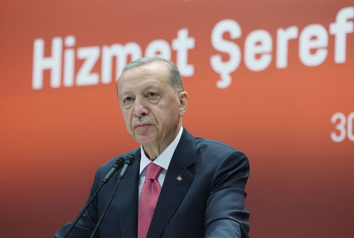 Recep Tayyip Erdogan beszédet mond a török iparkamara éves közgyűlésén Ankarában 2023. május 30-án  (forrás: Turkish Presidency / Murat Cetinmu / Anadolu Agency via AFP)