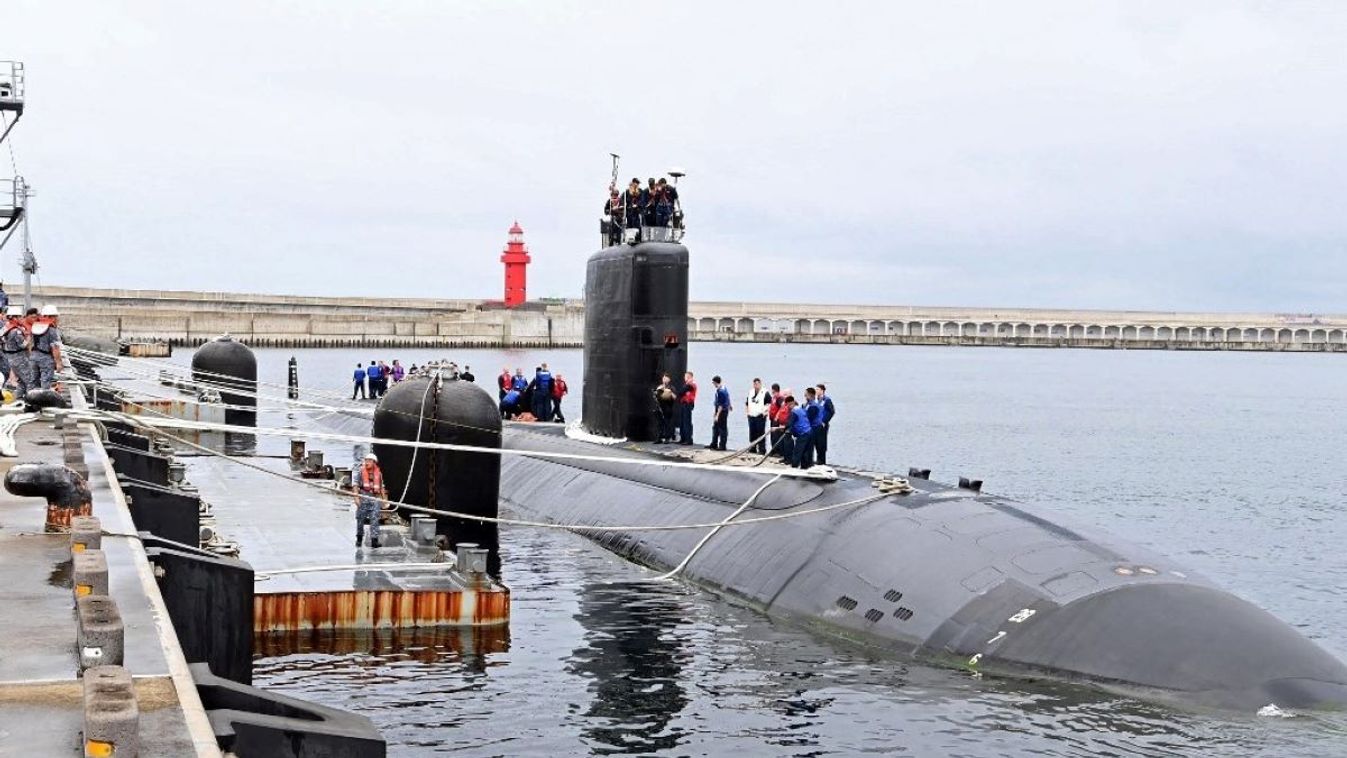This handout photo taken on July 24, 2023 and provided by the South Korean Defence Ministry shows the USS Annapolis, a US nuclear-powered submarine, arriving at a naval base in South Korea's southern island of Jeju.
