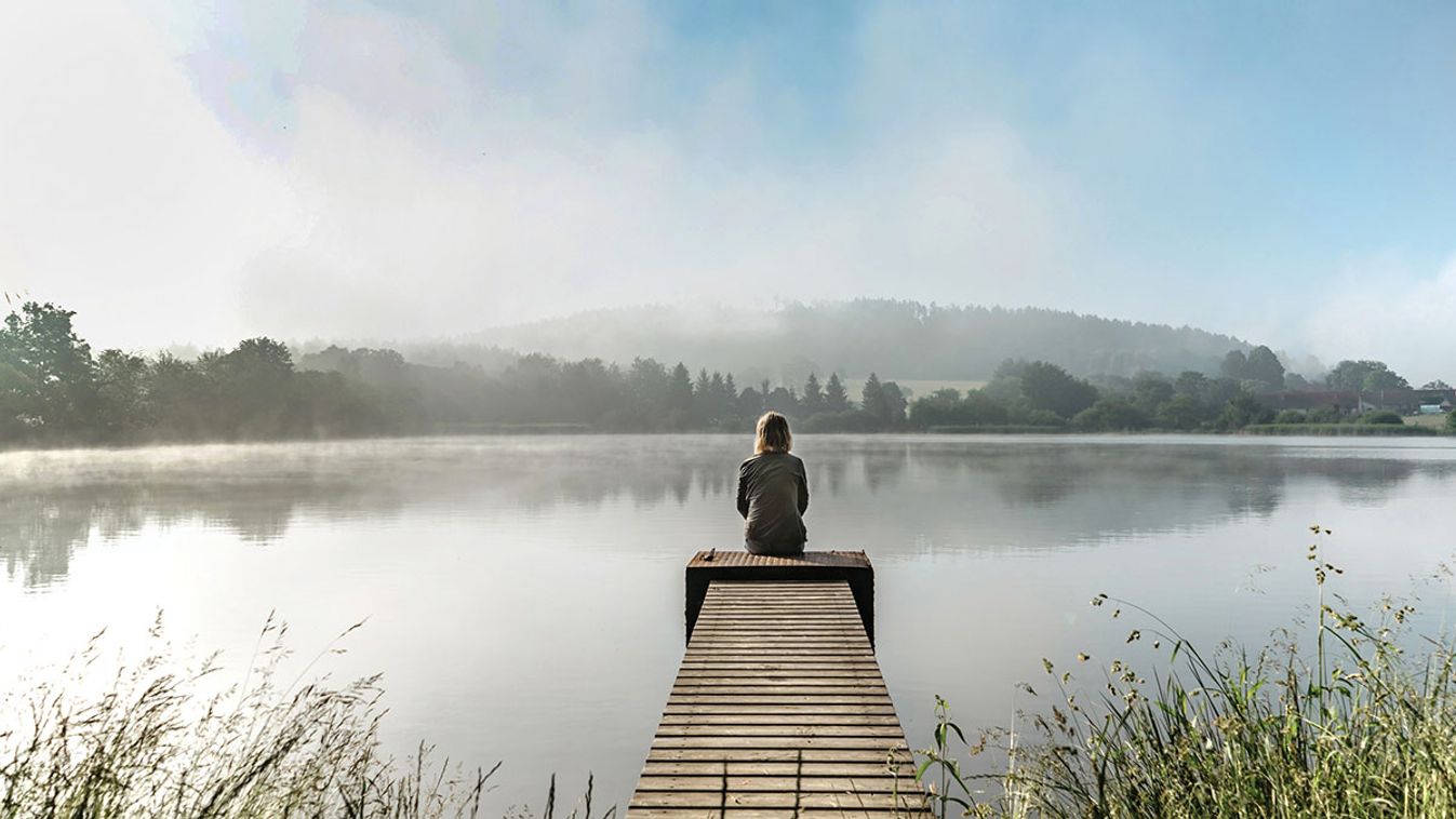 Calm,Misty,Morning,Meditation,By,Pond.sitting,Woman,Outdoors.wellbeing,And,Wellness