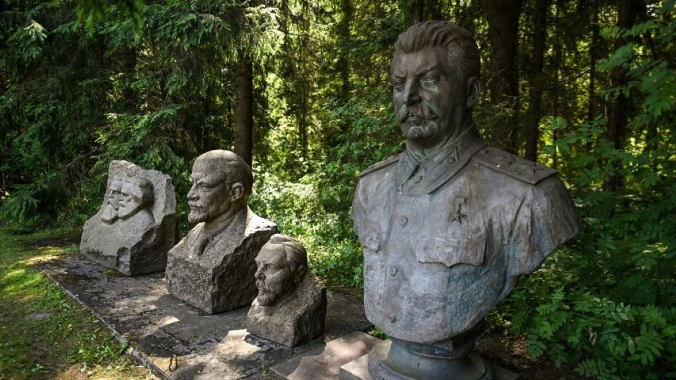 Busts of Joseph Stalin, Vladimir Lenin and other communist leaders seen inside Grutas Park, a captivating museum featuring Soviet-era statues, and relics from Lithuania's past under Soviet occupation, on July 15, 2023, in Grutas, Druskininkai, Lithuania.