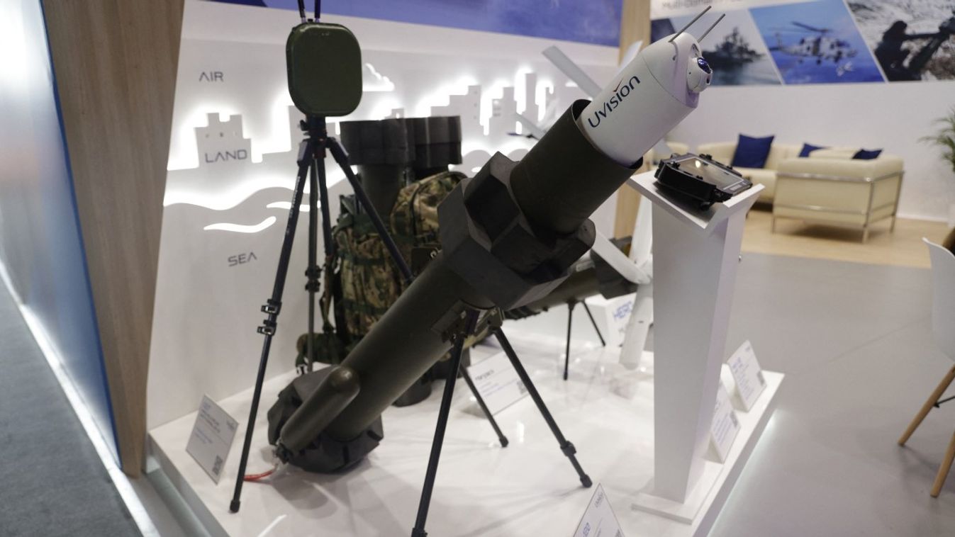This photograph shows portable anti-tank loitering munition systems, including a Hero-400 (R) developed by the Israeli company Uvision Air Ltd, displayed during the International Paris Air Show at the Paris–Le Bourget Airport, on June 20, 2023.