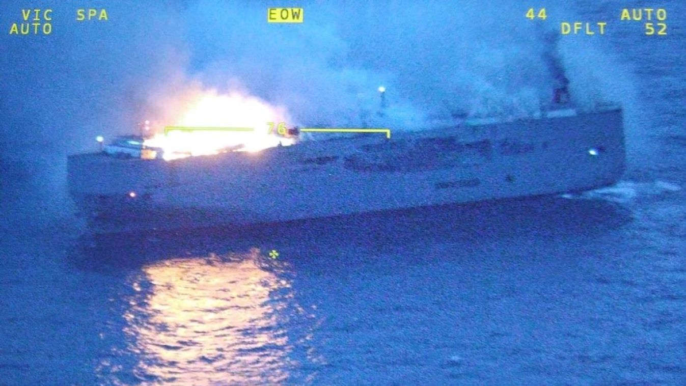 Fire breaks out on a cargo ship carrying nearly 3000 cars in the North Sea near Netherlands on July 26, 2023. 
