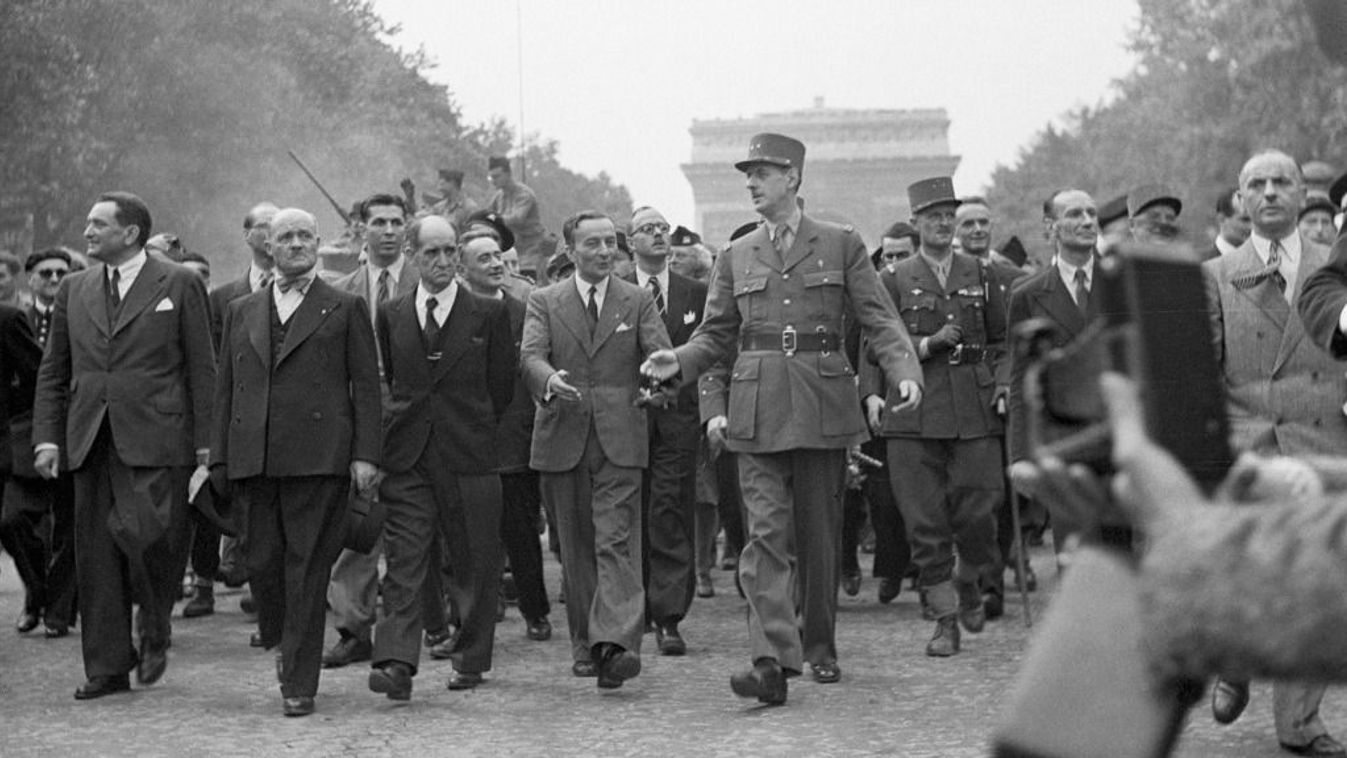 Charles de Gaulle Leading March on Champs-Elysees