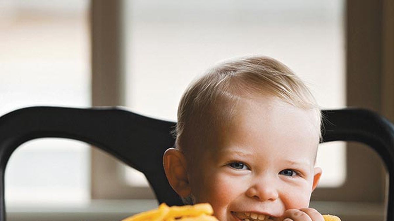 Toddler eating a large plate of French fries