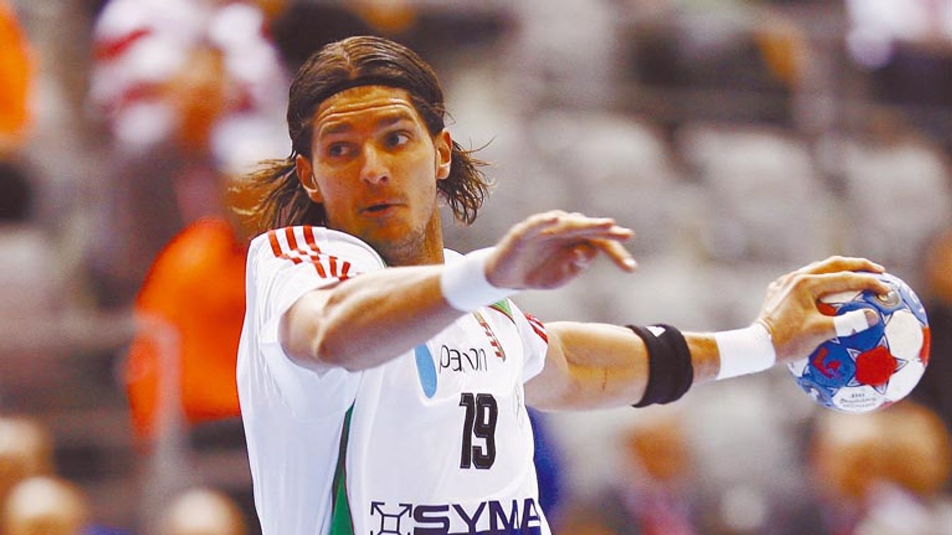 Hungay's Laszlo Nagy attempts to score against Slovakia during their Men's World Handball Championship match in Osijek