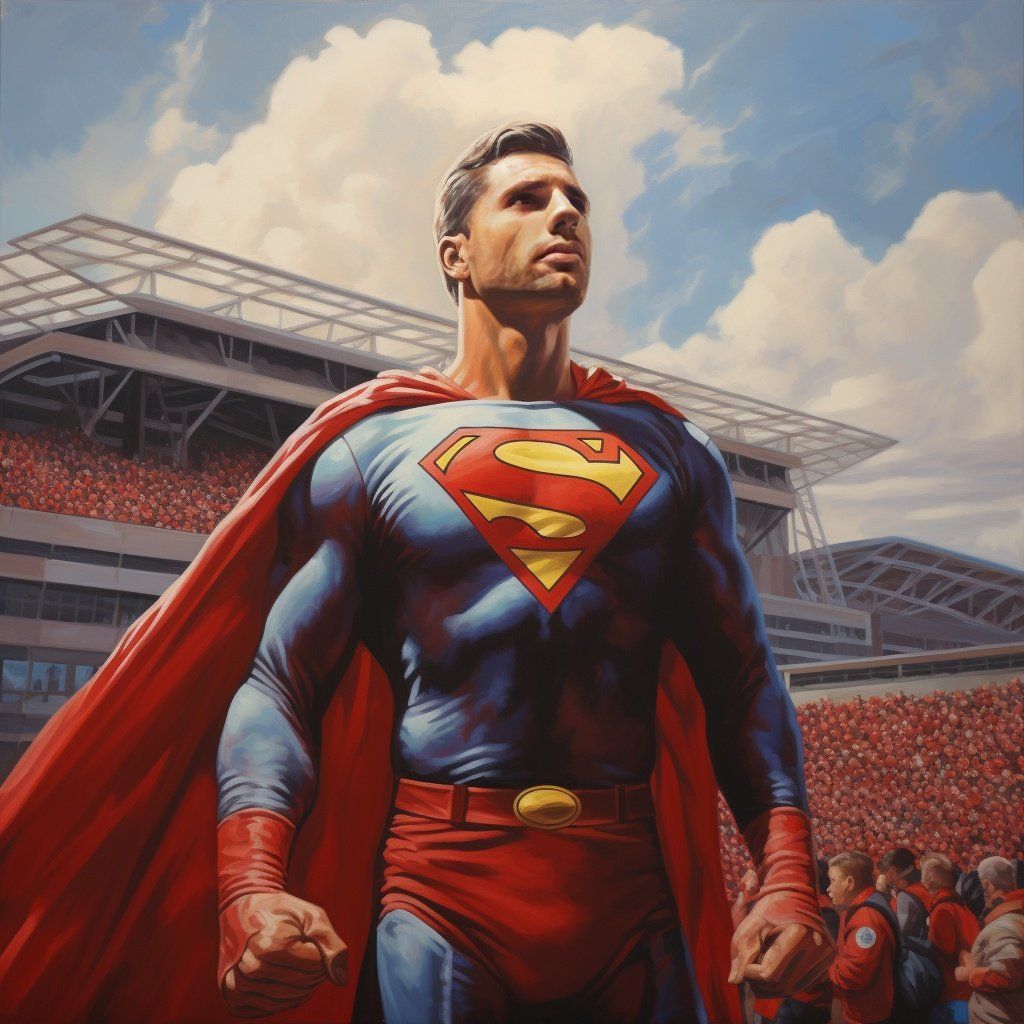 A Midjourney mesterséges intelligencia segítségével készített kép Szoboszlai Dominikról, a magyar labdarúgó-válogatott és a Liverpool FC labdarúgójáról, aki Supermanként jelenik meg az ábrázoláson