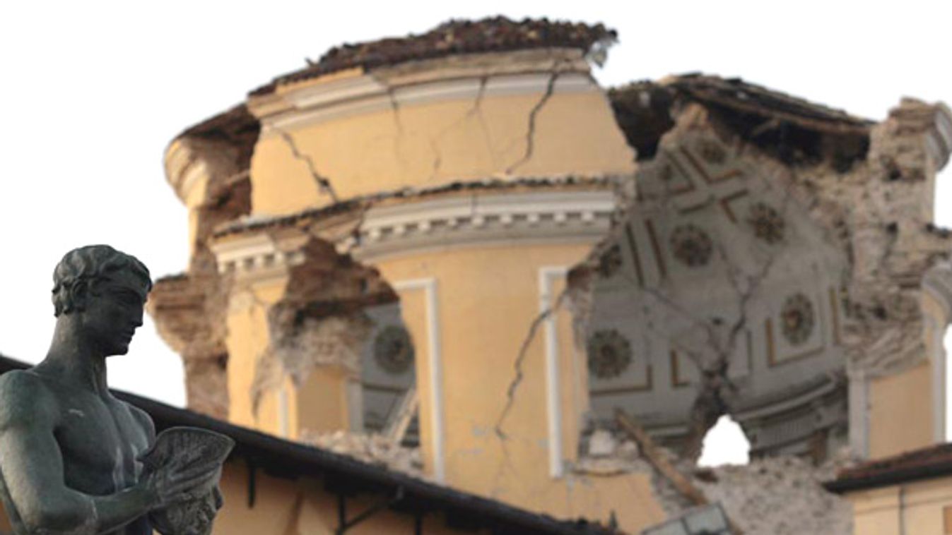 A view of the damaged dome of the Duomo church is seen downtown Aquila