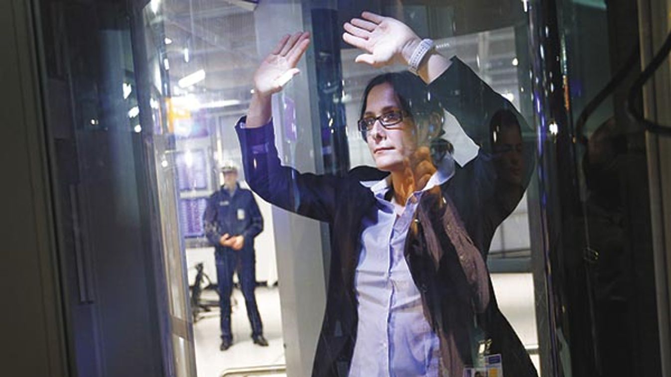 German border police press spokeswomen is scanned in a body scanner at Fraport airport in Frankfurt