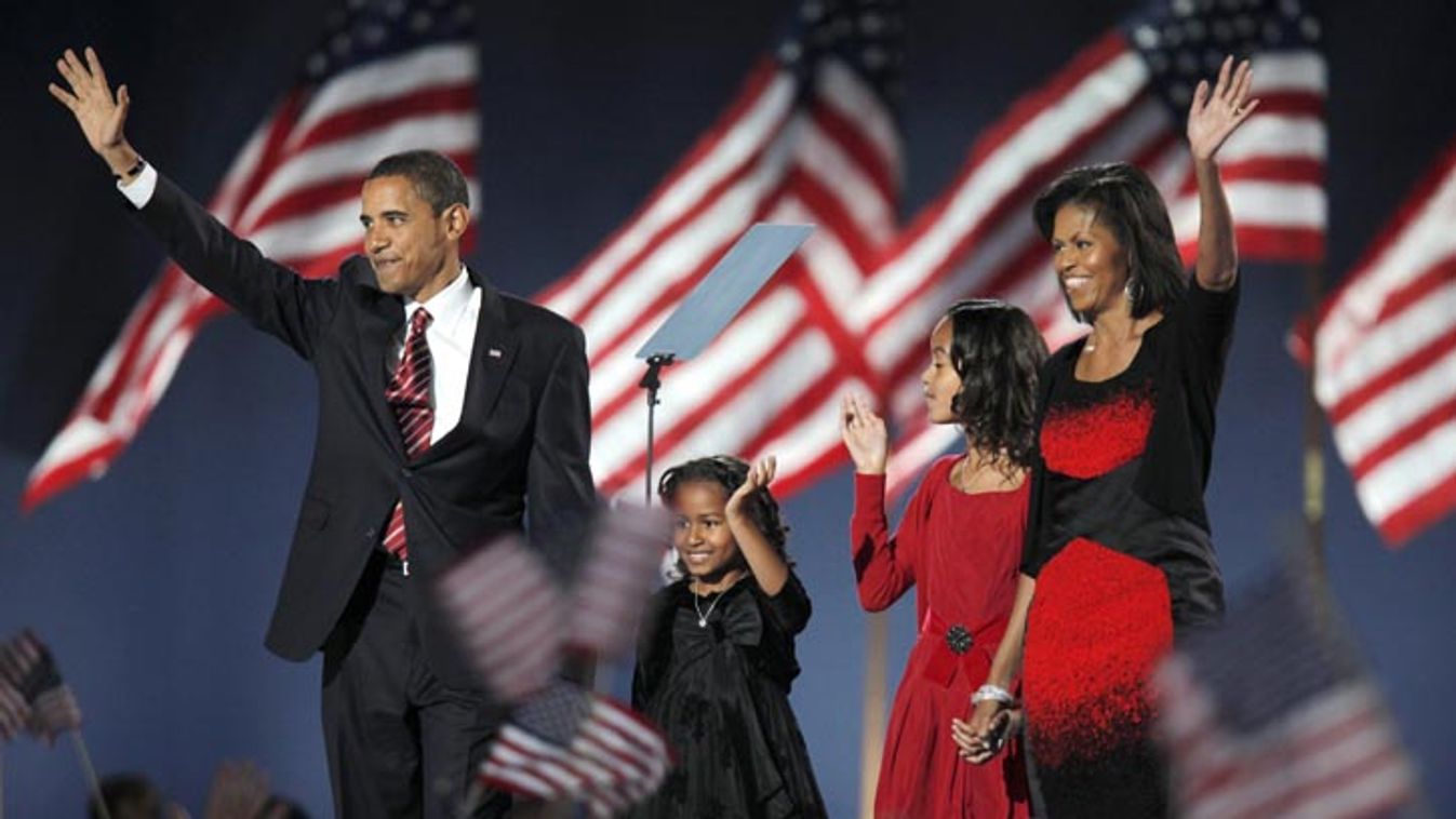 U.S. President-elect Senator Obama (D-IL) arrives with his family to speak to supporters during his election night rally in Chicago