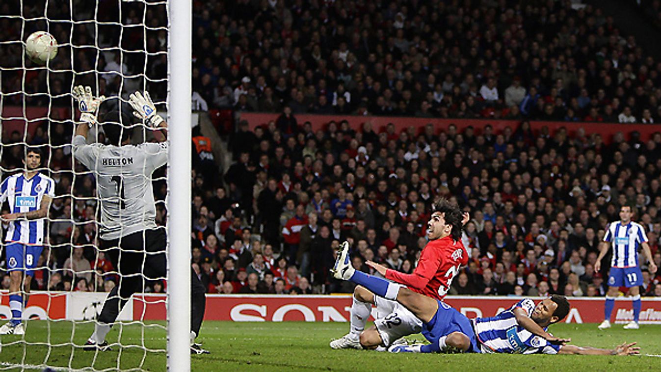 Manchester United's Tevez shoots to score during their Champions League quarter-final, first leg soccer match against Porto in Manchester