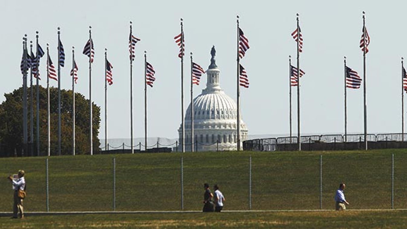 The U.S. Capitol seen through flags on the first day of the government shutdown in Washington