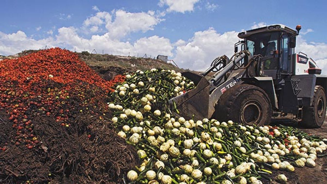 A digger unloads discarded vegetables into a pile of vegetable residue at the Albahida vegetable recycling plant in Nijar, in the southern Spanish region of Almeria