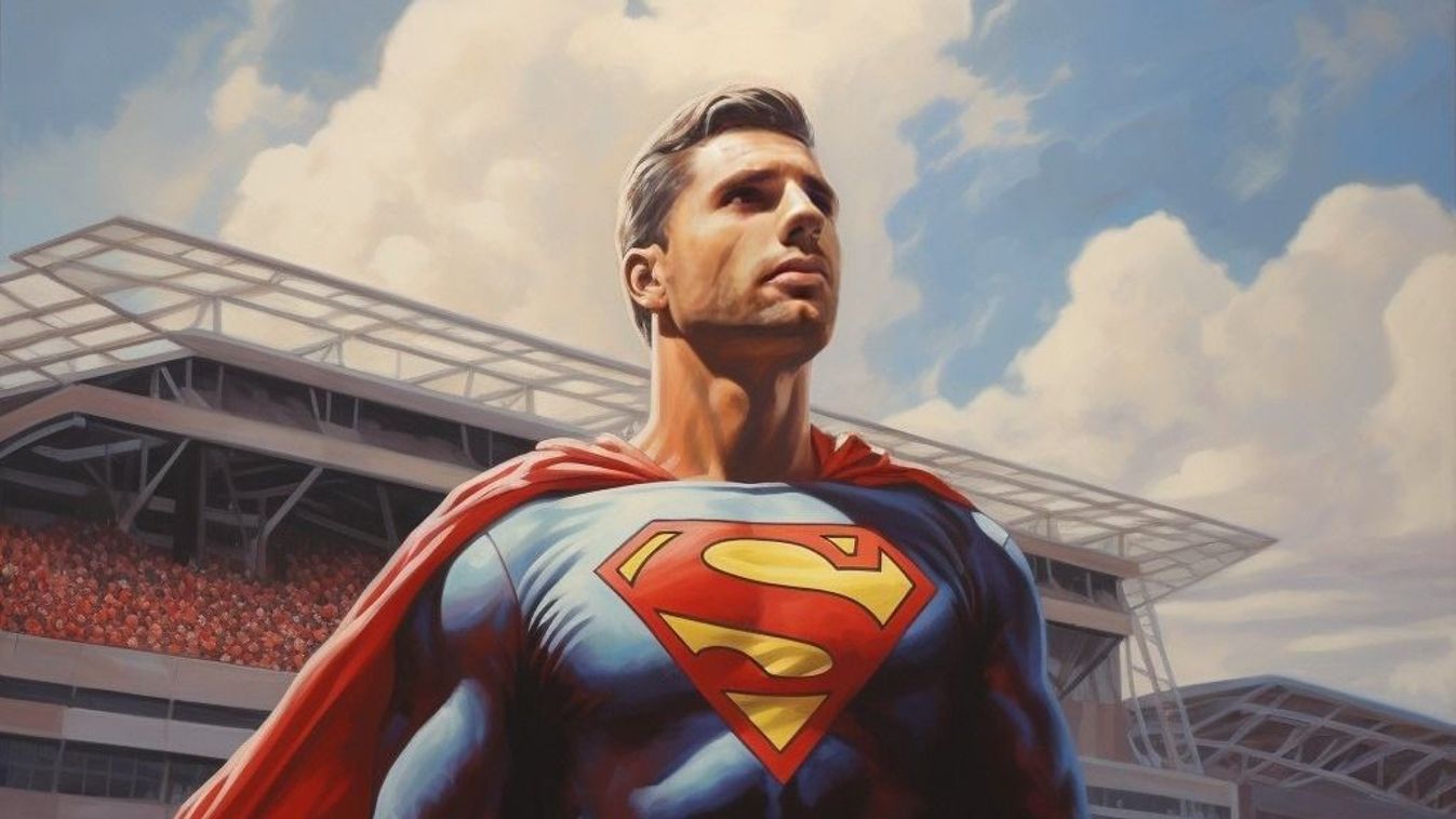 A Midjourney mesterséges intelligencia segítségével készített kép Szoboszlai Dominikról, a magyar labdarúgó-válogatott és a Liverpool FC labdarúgójáról, aki Supermanként jelenik meg az ábrázoláson